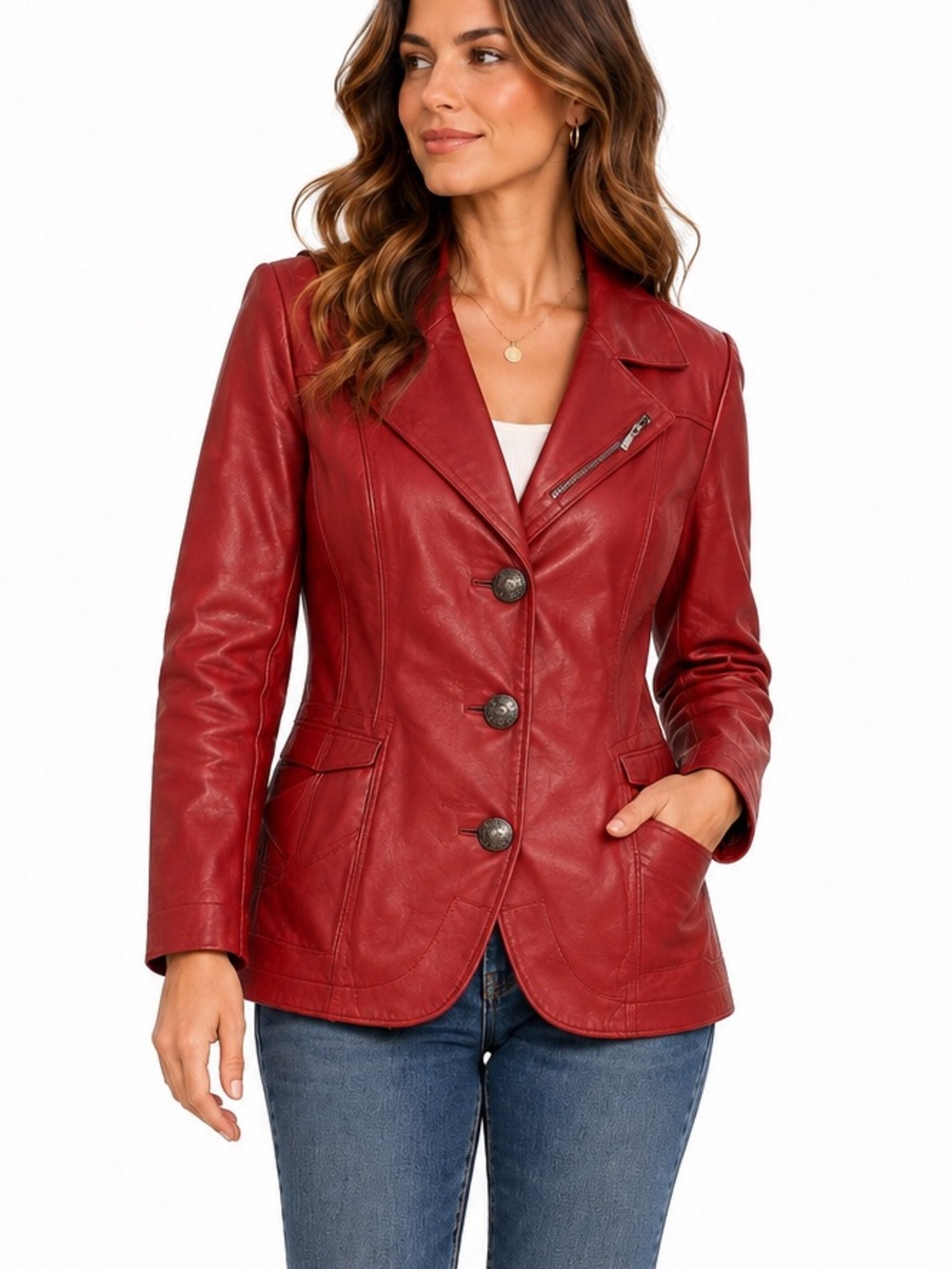 Danier Genuine Leather Blazer Red M Tailored 3 Button Zip Pocket Jacket